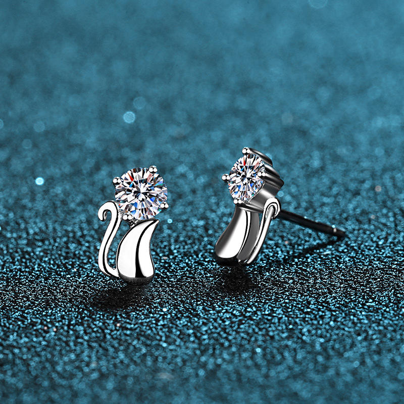 Boucles d’Oreilles Chat en Argent 925 avec Moissanite