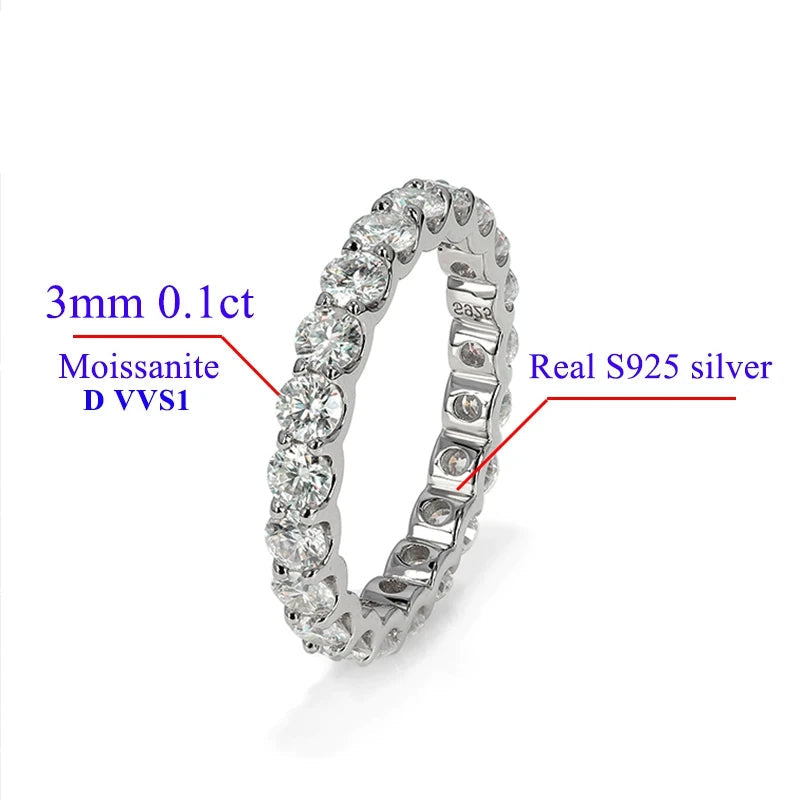 925 Silber Moissanit Ewigkeitsring 2 mm 3 mm mit rundem weißen Diamanten